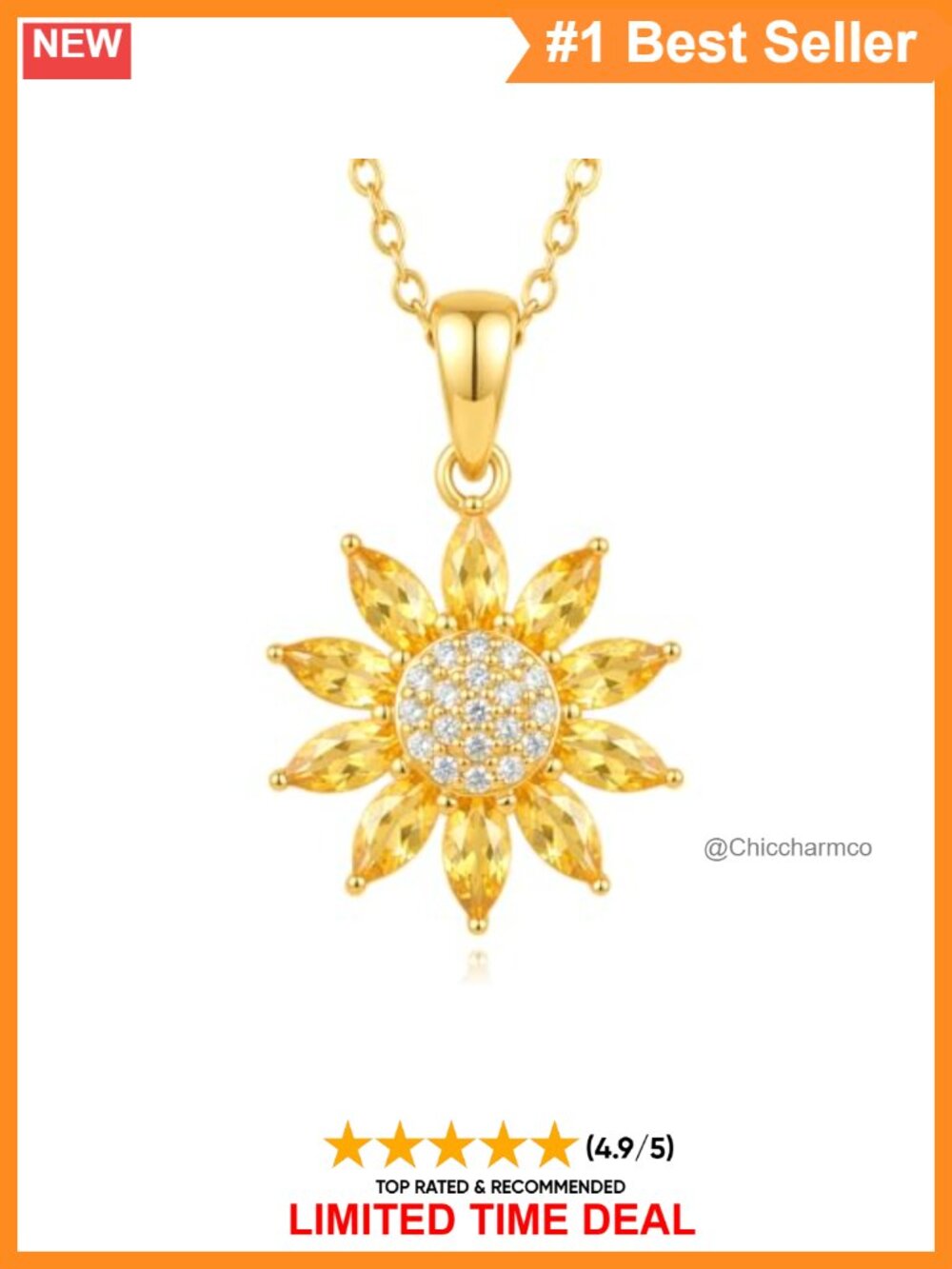 14K Solid Gold Sunflower Flower Necklace 14K Real Yellow Gold Dainty Flower
